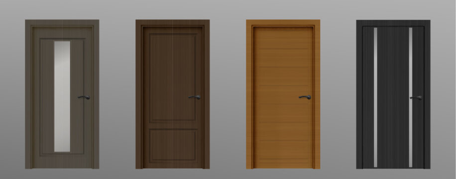 3d realistic wood front door inside modern house. Isolated office interior gate design with glass and handle. New simple brown and elegant black room entry object frame different asset closeup.