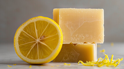 Concept photo of handmade soap with lemon. close-up. Beauty industry advertising photo.