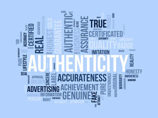 Authenticity word cloud template. Certified concept vector background.