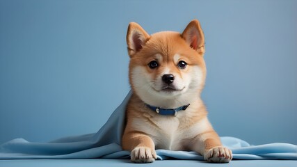 humorous and contented portrait of a puppy Shiba Inu emerges from behind a blue banner, set on a pastel blue background