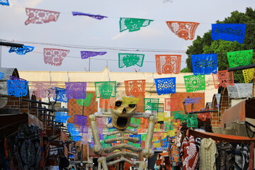 papel picado and dia de muertos decorations mexico, puebla