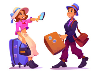 People travel with suitcase. Tourist character with luggage happy in vacation journey set. Male and female adult walk abroad for adventure as passenger with baggage isolated design illustration. - obrazy, fototapety, plakaty