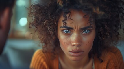 A young woman with curly hair looking intently at the camera with a serious expression, isolated on a blurred background.  - Powered by Adobe