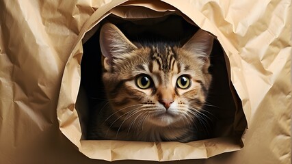 Animated Cat Peeking curiously out of a paper bag, this close-up portrait embodies curiosity and playfulness