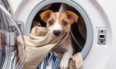 a dog looks at something in the washing machine in a house