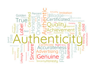Authenticity word cloud template. Certified concept vector background.