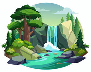 Waterfall from the mountain. Nature landscape with waterfall and green trees on a white background vector illustration.