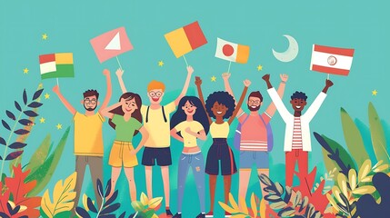 Flat illustration of youths come together to celebrate youth day with flag and world map