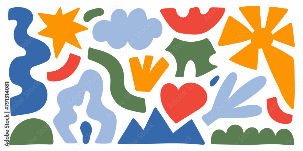 Poster abstract organic shapes with colorful geometric cutting doodles. trendy random figures isolated on a