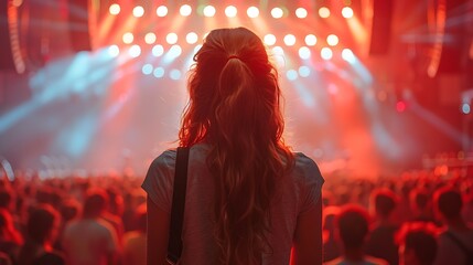 A woman enjoying a live concert with vibrant stage lighting in a crowded venue.