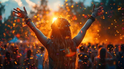 A joyful woman with arms raised celebrates amidst a vibrant festival atmosphere filled with confetti and golden sunlight. 