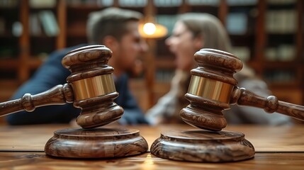 Two people are having a discussion in the background with two wooden gavels in focus on a table in the foreground, suggesting a legal or judicial theme.