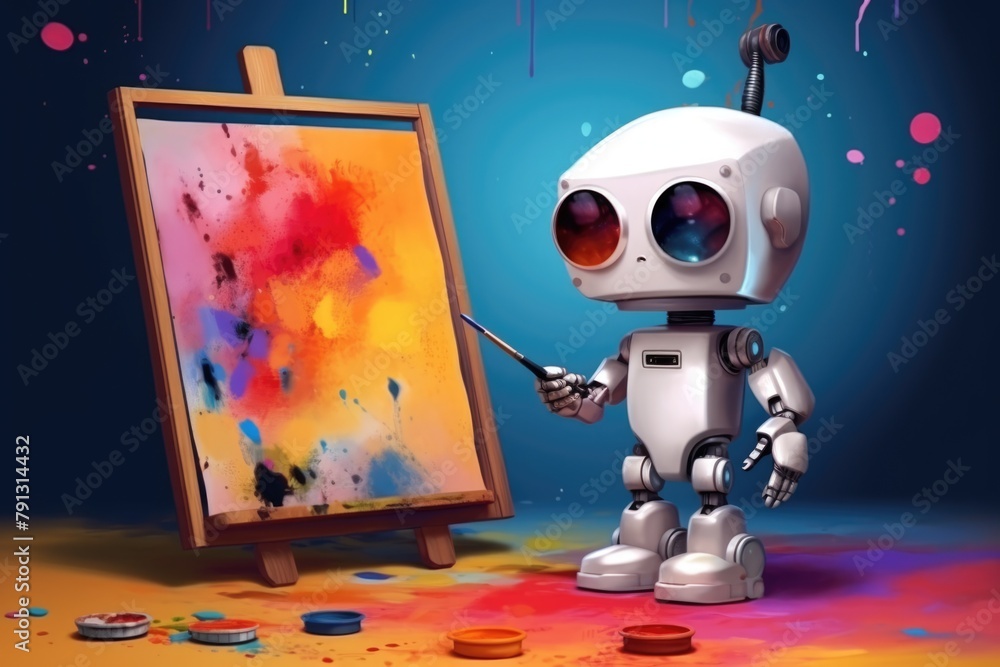 Poster concept of generative ai art technology, robot painting picture in studio. comeliness