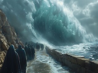 A group of cloaked figures walking onto a stone pier with a massive, ominous wave looming over them, giving a sense of impending doom  - obrazy, fototapety, plakaty