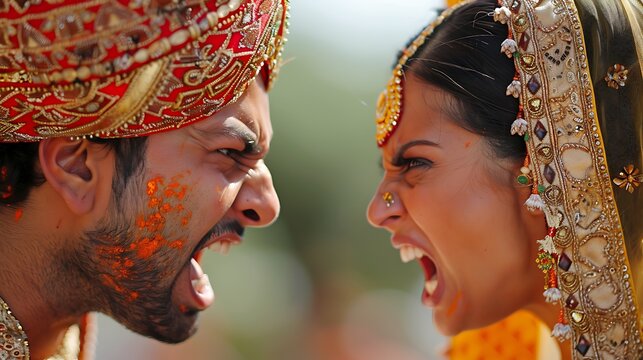 A vibrant and colorful image capturing a moment of joy between a traditionally dressed Indian bride and groom at their wedding ceremony. 