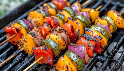 Colorful grilled pepper and onion skewers on sunny summer terrace, ideal for outdoor dining