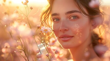 Portrait of a young woman amidst sunlit flowers smiling subtly at the camera.