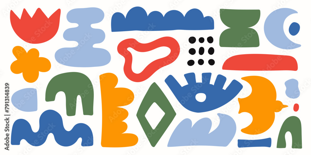 Poster abstract organic shapes with colorful geometric cutting doodles. trendy random figures isolated on a