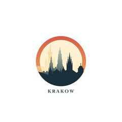 Krakow cityscape, gradient vector badge, flat skyline logo, icon. Poland city round emblem idea with landmarks and building silhouettes. Isolated graphic
