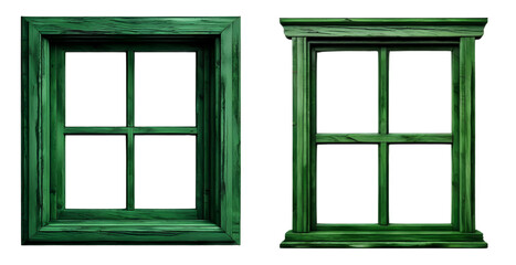 green wooden window frames with a textured appearance, exterior design, isolated on white transparent background, png 