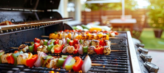Colorful grilled vegetable skewers with peppers and onions on a sunny summer terrace