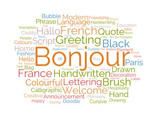 Bonjour word cloud template. Greeting concept vector background.