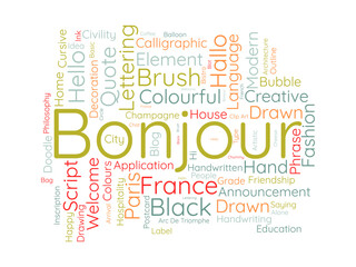 Bonjour word cloud template. Greeting concept vector background.