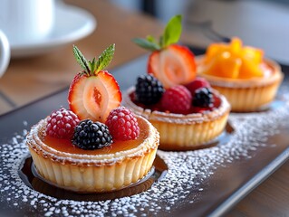 Gourmet fruit tarts topped with fresh berries and powdered sugar on a modern plate, perfect for a sweet dessert menu  - Powered by Adobe
