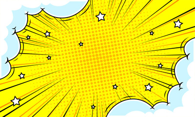 Comic background with cloud and stars illustration on yellow 