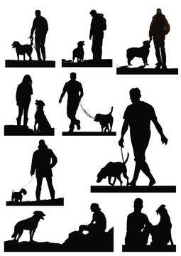 Black and White man and dog silhouettes. Hand drawn Vector illustration