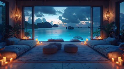 Luxurious tropical resort room with ocean view at dusk, illuminated by candlelight for a serene vacation atmosphere. 