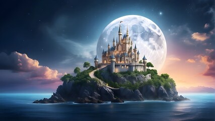 An island's enchanted, enchanting, fantasy, fairytale castle against the backdrop of a massive moon - obrazy, fototapety, plakaty