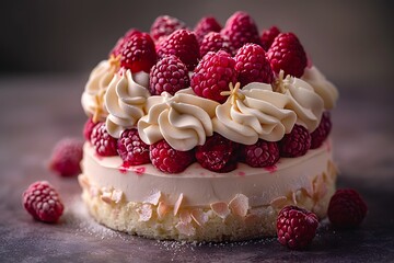 A delectable raspberry cream cake garnished with fresh raspberries and swirls of whipped cream on a...