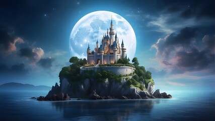 An island's enchanted, enchanting, fantasy, fairytale castle against the backdrop of a massive moon