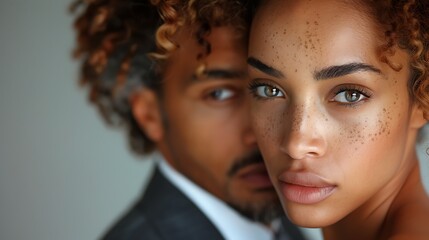 An intimate portrait of a beautiful young woman with freckles and a man partially in the background, suggesting closeness and partnership 