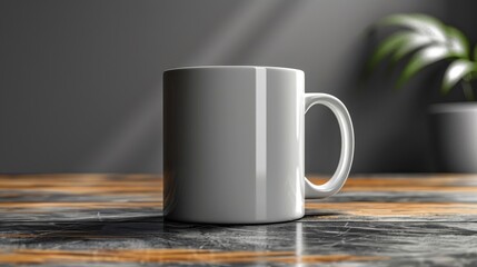 A white coffee cup is sitting on a table