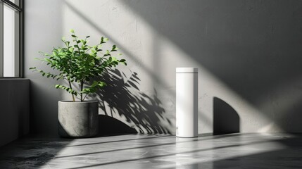 A white room with a vase of flowers on a pedestal