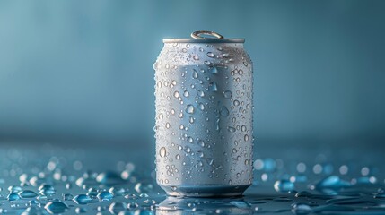 A can of soda is sitting on a wet surface
