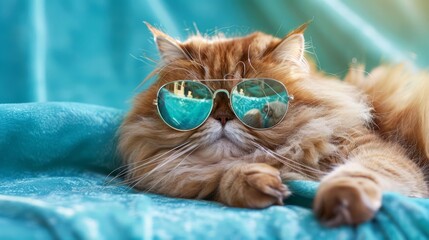 A fluffy Persian cat, sporting mirrored sunglasses, reclines regally on a backdrop of baby blue, its emerald eyes gazing serenely above the rims, the picture of feline poolside sophistication