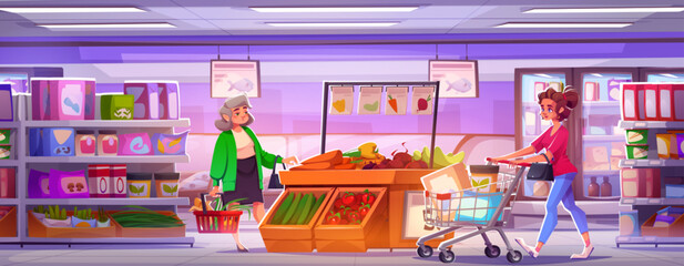 People in grocery supermarket. Store interior cartoon background. Shelf inside shop and mall aisle with food on rack. Woman holding basket in mall gastronomy department with vegetable showcase design - obrazy, fototapety, plakaty