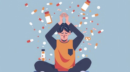 Person with stress problem, flat drug addiction concept, vector illustration. Sad man woman character in depression, addict people despair