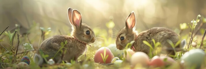 Adorned in tiny, lopsided Easter bonnets, a pair of rabbits tiptoe through a field dotted with pastel eggs Their twitching noses lead them on a whimsical treasure hunt, each discovery met with a happy
