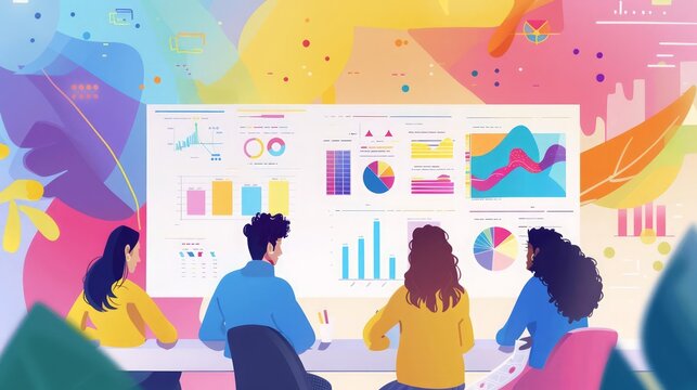 Animated discussions erupt around a whiteboard splashed with colorful graphs and charts Markers dance in a ballet of deduction, connecting the dots of financial trends as the team collaborates to deci