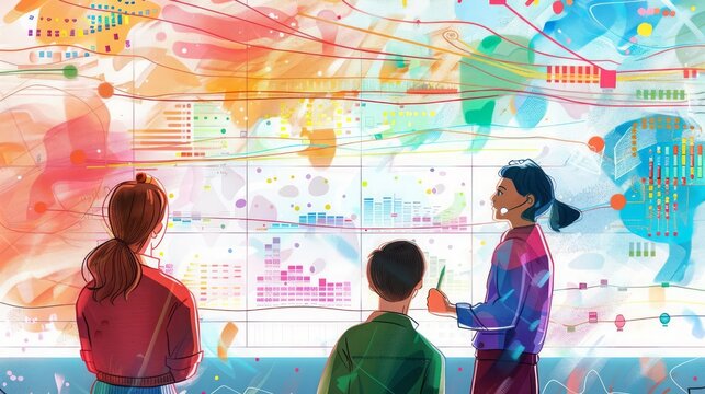 Animated discussions erupt around a whiteboard splashed with colorful graphs and charts Markers dance in a ballet of deduction, connecting the dots of financial trends as the team collaborates to deci