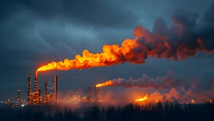 Industrial Pollution: Combustion Byproducts Released from Oil Refinery Flare Stacks. Concept Industrial Pollution, Combustion Byproducts, Oil Refinery, Flare Stacks, Environmental Impact - obrazy, fototapety, plakaty