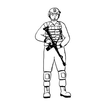 recommend clip art: Vector standing soldier in uniform black and white ink illustration for Veteran and Independence Day. Front view