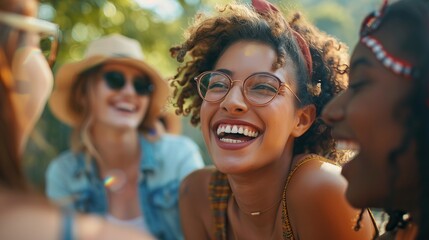 A group of joyful diverse friends sharing laughter in a lush park on a bright sunny day, summer party