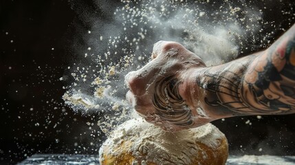 Flour dusts a strong arm adorned with a whimsical whisk tattoo, its muscles flexing rhythmically as it kneads dough with practiced ease, transforming a mound of ingredients into a promise of golden lo