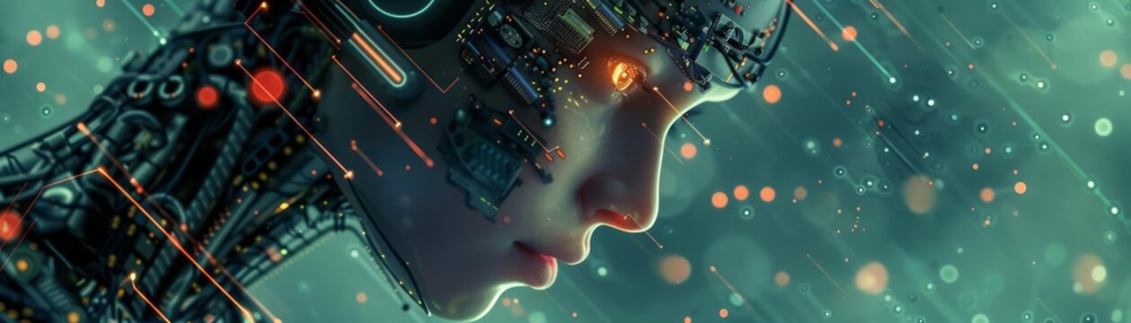 Embedded within a web of blinking lights and buzzing capacitors, a robotic figure stirs, its luminescent eyes flickering to life, a spark of consciousness in a symphony of machine code