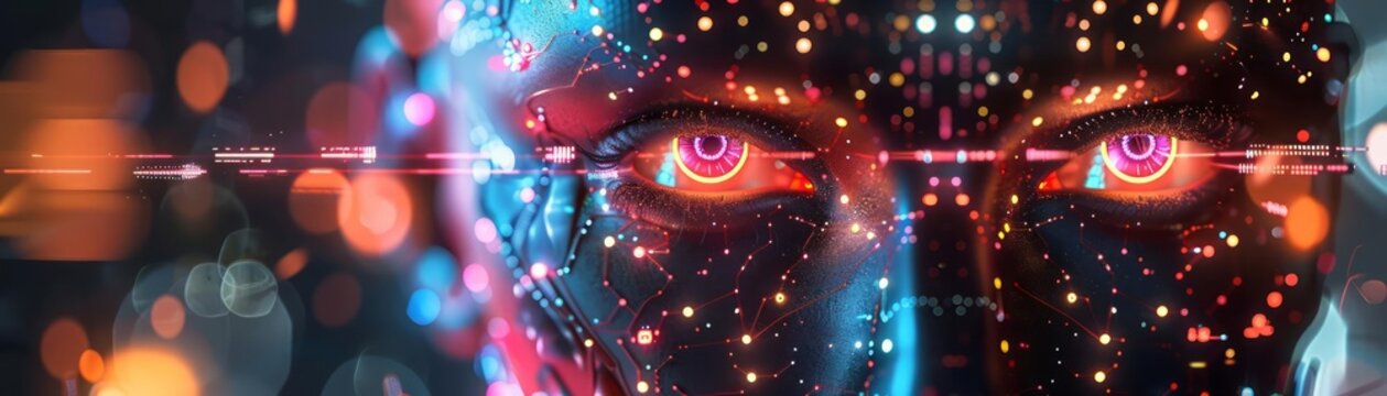 Embedded within a web of blinking lights and buzzing capacitors, a robotic figure stirs, its luminescent eyes flickering to life, a spark of consciousness in a symphony of machine code